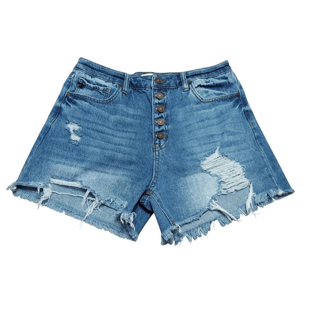 KanCan Junior's Medium Wash Button Fly Distressed Raw Hem Blue Denim Jean Shorts